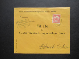 1915 Filiale D. Oesterr. Ungarischen Bank In Osijek Mit Papiersiegel Der Bank Nach Mährisch Ostrau Ungarische Zensur - Storia Postale