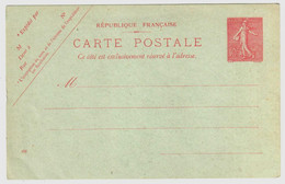 Carte Postale Entier Neuf 10 C Semeuse Lignée Rose Sur Vert Yv 129-CP1 Storch A1 Date 402 - Standard Postcards & Stamped On Demand (before 1995)
