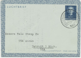 NIEDERLANDE 1950 Queen Juliana 30 C Darkblue Air Letter (Aerogram) AMSTERDAM–DETROIT - Postal Stationery