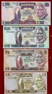 ZAMBIA BANKNOTE - 4 NOTES 2, 5, 10, 50 KWATCHA (1980-88) P#24c-25d-26e-28a UNC (NT#02) - Zambia