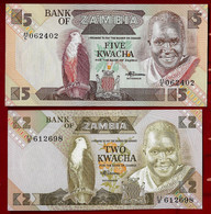 ZAMBIA BANKNOTE - 2 NOTES 2, 5 KWATCHA (1980-88) P#24c-25d UNC (NT#02) - Zambie