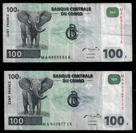 CONGO D.R. BANKNOTE - 2 USED NOTES 100 FRANCS 2000 F/VF (NT#02) - Democratic Republic Of The Congo & Zaire