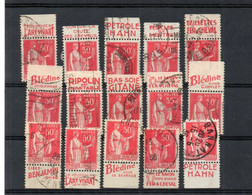 !!! 50C TYPE PAIX ROUGE : LOT DE 15 TIMBRES PUBS OBLITERES TOUS DIFFERENTS - Used Stamps