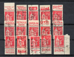 !!! 50C TYPE PAIX ROUGE : LOT DE 15 TIMBRES PUBS OBLITERES TOUS DIFFERENTS - Oblitérés