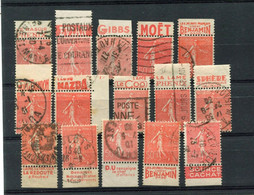 !!! 50 C SEMEUSE LIGNEE LOT DE 15 TIMBRES PUBLICITAIRES OBLITERES DIFFERENTS - Used Stamps