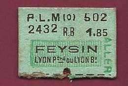 170321 - TICKET TRANSPORT METRO CHEMIN DE FER TRAM - PLM 502 2432 RB 1.85 FEYSIN LYON Pche Ou Lyon Bx - Europe