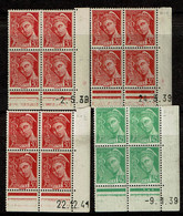 1938/1941 - Timbres Type Mercure - 3 Bloc 30ct Rouge N° 412 Dates 1938/39/41 + 1 Bloc 45ct Vert N° 414 Date 1939 - 1930-1939