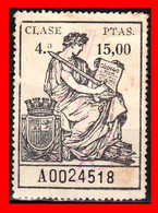 ESPAÑA  ( POLIZA FISCAL 4ª CLASE VALOR 15.00 PTAS. POLIZA Nº A 0024518. SERIE AÑO 1932-1939 NEGRO - CON EL ESCUDO CORONA - Fiscales