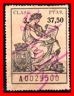 ESPAÑA  ( POLIZA FISCAL 3ª CLASE VALOR 37.50 PTAS. POLIZA Nº A00229500. NEGRO SERIE AÑO 1932-1939 - CON EL ESCUDO CORONA - Fiscales