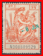 ESPAÑA  ( POLIZA FISCAL 2ª CLASE VALOR 75.00 PTAS. POLIZA Nº A008889529 SERIE AÑO 1940-58 ALEGORIA CON EL AGUILA ESCUDO - Fiscales