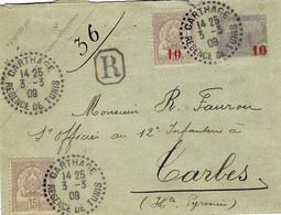 1908- Enveloppe RECC.   E P 15 C  + 10 C Et 15 C  De CARTHAGE    Pour Tarbes ( France ) - Covers & Documents
