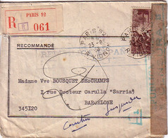 PARIS 92 - LETTRE RECOMMANDEE 23-8-1938 - POUR BARCELONE - CENSURE ET BANDE DE CENSURE. - Republikanische Zensur