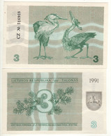 LITHUANIA   3 Talonas   1991   P33b   ( Juniper Branch + Gray Herons On Back)   UNC - Lithuania