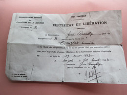19 Aout 1943 - CHANTIERS DE LA JEUNESSE - CERTIFICAT DE LIBÉRATION - Groupement N° 34 - Mézières-en-Brenne (36) - Guerra 1939-45