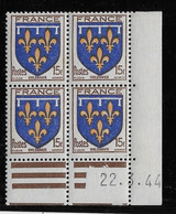 France N°604 - Variété Décalage Du Jaune - Bloc De 4 Coin Daté - Neuf ** Sans Charnière - TB - Sonstige & Ohne Zuordnung