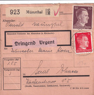 1944 - MOSELLE - CARTE COLIS POSTAL URGENT ! De MÜNZTHAL / ST LOUIS LES BITCHE => SAALES (ALSACE) - Storia Postale