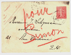 PARIS Enveloppe Entier Postal 10c Semeuse Lignée Rose Sur Blanc Date 534 Yv 129-E1 Storch A10 Format 123x96 Ob 1907 - Enveloppes Types Et TSC (avant 1995)