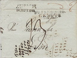 1813- Lettre De ZURICH / 25.SEPT.1813 + Entrée SUISSE PAR / GENEVE -taxe 13 D. Pour Lyon - Entry Postmarks