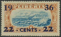 LIBERIA 1936 Freim.-AH-Ausg. 22 Cents Blauer Aufdruck A. 1 $ Braun/blau ** ABART - Liberia