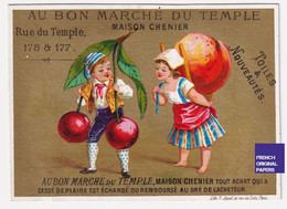 Jolie Chromo Dorée 1880 Appel Au Bon Marché Du Temple Maison Chenir Paris Cerises Enfant Fille Fruit Géant Pèche 46-50 - Sonstige & Ohne Zuordnung