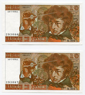 RC 20600 FRANCE 2 BILLETS 10F BERLIOZ DU 6-7-1978 NUMÉROS CONSÉCUTIFS - 10 F 1972-1978 ''Berlioz''