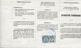 FISCAUX DE MONACO SERIE UNIFIEE  N°66 2F BLEU SUR Autorisation D'embauche Le29 Novembre 1971n LE 16 AVRIL 1992 - Fiscales