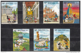 BHUTAN, 1990, 1991, Wonders Of The World, Walt Disney, Short Set Of 7 Values,  MNH(**) - Disney