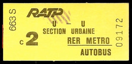 Ticket  RATP RER METRO AUTOBUS 2e Classe U U Section Urbaine - Sin Clasificación