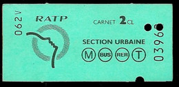 Ticket  RATP RER METRO AUTOBUS BUS 2e Classe Section Urbaine - Non Classificati