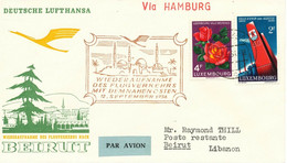 LUXEMBURG 1956 Erstflug LH Mitläuferpost Luxembourg - Hamburg - Beirut, Libanon - Cartas & Documentos