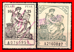 ESPAÑA 2 ( POLIZAS FISCALES ) TIMBRES 10ª CLASE VALOR 25 CENTIMOS  NºA0765950 Y POLIZA A2160887 SERIE AÑO 1919-126 - Fiscales