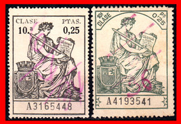 ESPAÑA 2 ( POLIZAS FISCALES ) TIMBRES 10ª CLASE VALOR 25 CENTIMOS  NºA31654448 Y POLIZA A4193541 - Fiscales