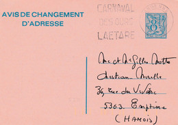 Carte Entier Postal Avis Changement D'adresse Flamme Carnaval Des Ours Laetare Andenne - Addr. Chang.