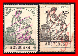 ESPAÑA 2 ( POLIZAS FISCALES ) TIMBRES 10ª CLASE VALOR 25 CENTIMOS  NºA3800684 Y POLIZA A0373985 SERIE AÑO 1919-126 - Fiscales