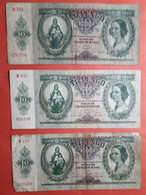 Lot 3 Banknotes Hungary 10 Pengo 1936 (3) - Hongarije