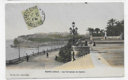 (RECTO / VERSO) MONTE CARLO EN 1906 - TERRASSES DU CASINO - TIMBRE ET CACHET DE MONACO - CPA COULEUR - Terraces