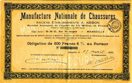 MARSEILLE / 1920 / OBLIGATION 500 FR  MANUFACTURE NATIONALE DE CHAUSSURES - Agricoltura