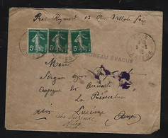 Enveloppe Avec  5c Semeuse X 3  Oblit  FOIX  ARIEGE   1918 + Griffe " Bureau Evacue " - 1914-18