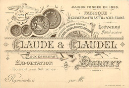210321 - CARTE DE VISITE XIXème - 88 DARNEY CLAUDE & CLAUDEL Fourniture Militaire Fabrique Couvert En Fer Battu & Acier - Darney