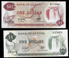GUYANA BANKNOTE - 2 NOTES 1, 5 DOLLARS (1992) P#21g-22f UNC (NT#03) - Guyana