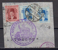 Egypte 1937 Sur Fragment 3 Timbres Effigie Du Roi Farouk. CAD Du Caire Et Cachet Controle Postal Commissio M.B. - Autres & Non Classés