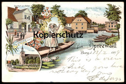 ALTE LITHO POSTKARTE GRUSS AUS DEM SPREEWALD BURG GASTHOF ZUM ADLER MÜHLE KIRCHE TRACHT Ansichtskarte Postcard AK Cpa - Burg (Spreewald)