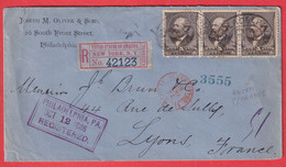 ETATS UNIS USA N°62 BANDE DE TROIS RECOMMANDE PHILADELPHIA 1886 LYON RHONE FRANCE - Autres & Non Classés