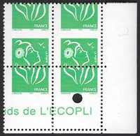 Marianne Lamouche Bloc De 4 3733** TVP Vert Variété De Piquage Très Décalé Extreme Coin De Feuille RR Signé Calves - Unused Stamps