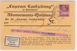 Switzerland-1924 20 C Purple On Escholzmatt Newspaper Subscription Payment Request Cover To Munster "Refused" Label - Storia Postale