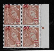 France N°477 - Variété Surcharge Déplacée - Bloc De  4 - Neuf ** Sans Charnière - TB - Unused Stamps