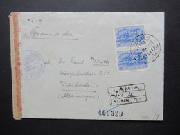Griechenland 1943 Einschreiben Lamia - Wiesbaden Mit Mehrfachzensur OKW Und Comando Superiore Verificato Per Censura - Brieven En Documenten