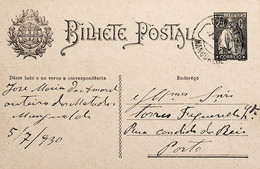 1930 Inteiro Postal Tipo «Ceres» 25 R. Preto Enviado De Mangualde Para O Porto - Postal Stationery