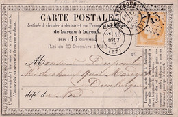 NORD ( 57 ) « CASSEL »  CPI Ordinaire - Tarif à 15c. (15.1.1873/30.4.1878) N°55 -  15c. Cérès IIIéme République - Voorloper Kaarten