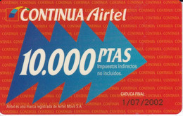 AC-002  TARJETA DE AIRTEL DE 10000 PTAS DEL 1/07/2002  NUMEROS COMPACTOS - Airtel